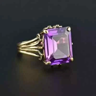 2Ct Emerald Cut Lab Created Amethyst Halo Engagement Ring 14k Yellow Gold Plated - Image 1 of 4