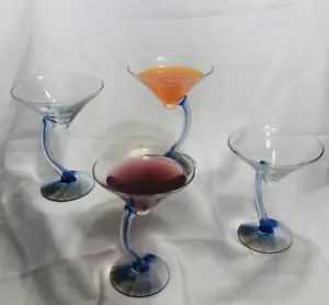 Clear Martini Drinking Glass with Swerve Blue Accent Stem set of 4 by Libbey - Picture 1 of 10