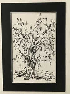 Signed Matted Original Tree Ink Artwork 4" x 6" plastic sleeve ~lori clark GIFT! - Picture 1 of 6