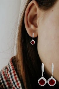 925 Sterling Silver Cubic Zircon Square Drop Dangle Women's Earrings Red Stone - Picture 1 of 12