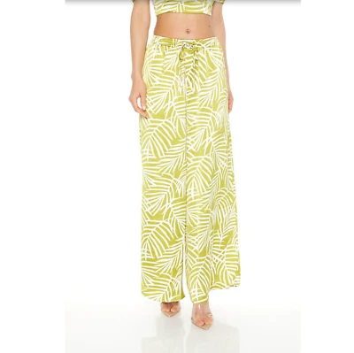 Pantalones de pierna ancha Forever 21 satinados blancos lima estampado tropical mezcla poliéster talla XL Foto 1 de 4