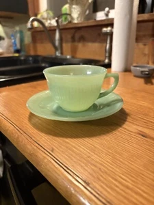 Vtg Fire King Jadeite Green Jane Ray Ribbed 6 oz. Cup & Saucer - Picture 1 of 4
