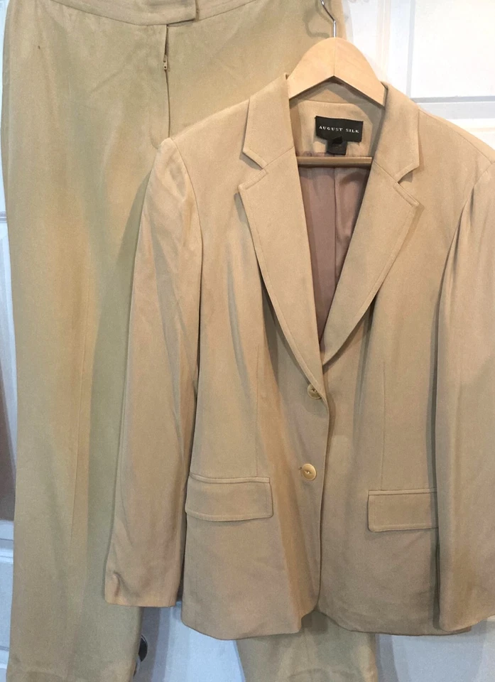August Seda 100% Seda Conjunto de Traje Pantalón Dos Piezas Caqui Carrera Profesional Talla 12 Foto 1 de 4