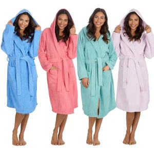 Womens Cotton Towelling Robe Hooded Bath Robe Dressing Gown  - Picture 1 of 26
