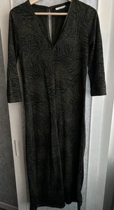 ZARA TRAFALUC SIZE S OLIVE GREEN ANIMAL PRINT 3/4 SLEEVE JUMPSUIT FLARED LEG - Picture 1 of 6