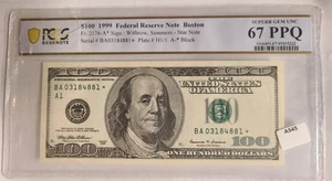 1999 $100 Federal Reserve STAR NOTE PCGS BANKNOTE 67 PPQ SUPERB GEM UNC! - Picture 1 of 2