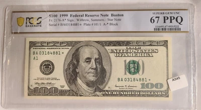 1999 $100 Federal Reserve STAR NOTE PCGS BANKNOTE 67 PPQ SUPERB GEM UNC! - Image 1 of 2