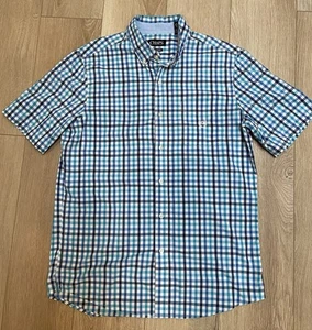 Chaps Easy Care Gingham Shirt Mens Medium Blue Check Short Sleeve Lightweight - Picture 1 of 6