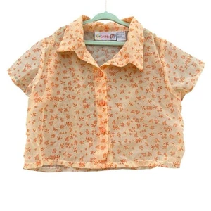 Girl Tribe Vintage Kids Chiffon Orange Floral Collared Button Up Girls S 10/12 - Picture 1 of 3