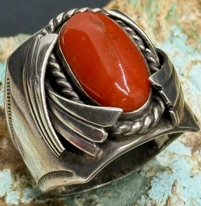Großer alter Navajo handgefertigter Picto-Ring signiert Sterling & Edelstein rote Koralle Größe 14 - Bild 1 von 21