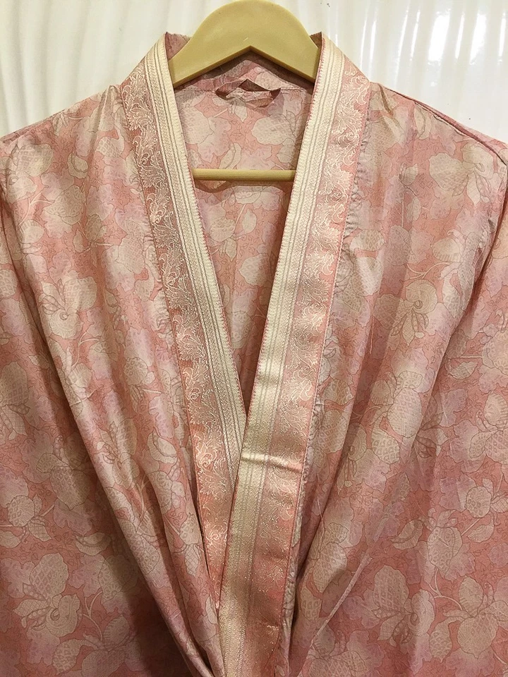 Bata kimono midi de seda pura hasta la rodilla vestido kimono de seda rosa-blanco roto MKMO2249 Foto 1 de 4