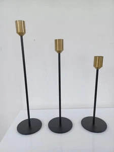 Candlestick Holders - Set of 3 Black Taper Candle Holders with Brass Colour Top - Picture 1 of 6