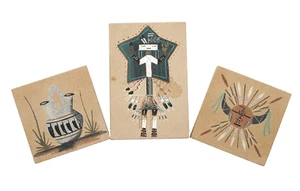 Three (3) Navajo Native American Sand Painting Tiles Signed 4 x 4 and 4 x 6 * - Picture 1 of 20