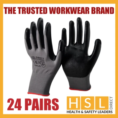 HSL DIRECT 24 PAIRS 100% PREMIUM NITRILE COATED SAFETY WORK GLOVES GARDENING BUILDERS