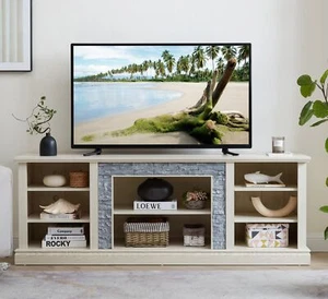 Large TV Desk Storage Rack with Faux Stacked Stone Surround,Media Console Table - Picture 1 of 3