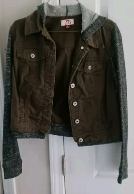 L.E.i. Hooded Denim Jacket Army Green And Black/White Mix Junior Size M - Image 1 of 3