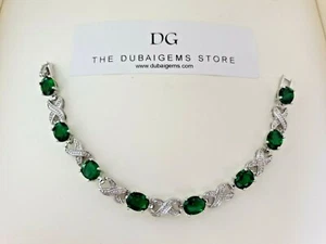 White gold finish green emerald and created diamond love and kisses bracelet  - Picture 1 of 6