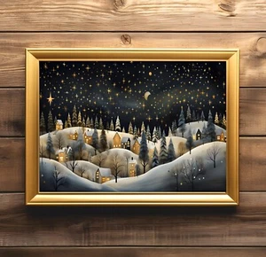 Primitive Christmas Village Pine Trees Home Decor Starry Night Landscape Print - Picture 1 of 4