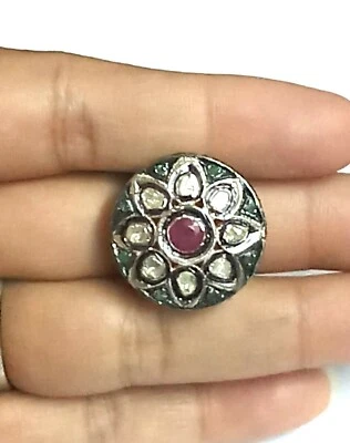 Polki Pflastern Diamant Rubin & Smaragd Edelstein Ring 925 Sterlingsilber Damen - Bild 1 von 4