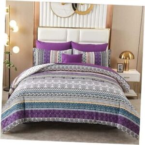 Boho Comforter Set Size,8 Piece Bed in a Bag Bohemian Striped Queen Purple