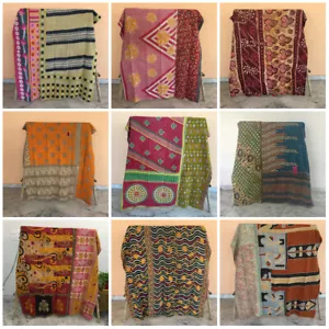 Trapunta Kantha vintage indiana fatta a mano coperta matrimoniale biancheria ... - Foto 1 di 35