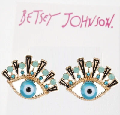 Betsey Johnson Sparkling Crystal Blue Eyes Gold Stud Drop Earrings Free Gift Bag - Image 1 of 4