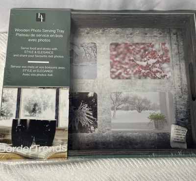 Bandeja para servir fotos de madera gris Border Trends con asas y plato de vidrio.  NUEVO  Foto 1 de 4