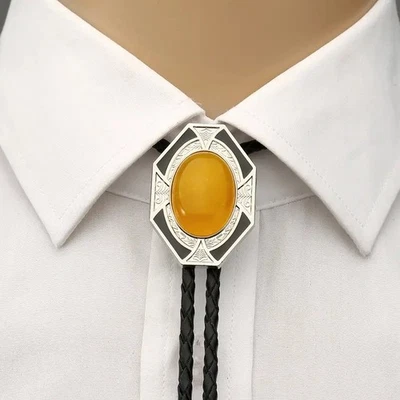 Collar de boda con corbata BOLO de jade amarillo para hombre cuerda de cuero PU vaquero occidental Foto 1 de 2
