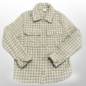 Fate Jacket Womens Small Beige Plaid Button Up Long Sleeve Tweed Shacket Pockets - Picture 1 of 7