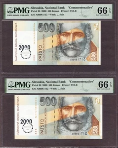 Slovakia 2 Consecutive 500 Korun Commemorative 2000 Pick-38 GEM UNC PMG 66 EPQ - Picture 1 of 2
