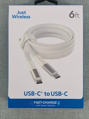 Just Wireless 6 ft FLAT Braided USB C to USB-C Fast Charger Cable - White - New - Image 1 of 3