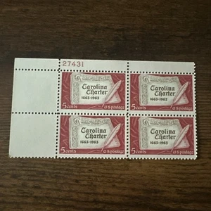 1963 US First Page of Carolina Charter 5c Numbered Plate Block of 4 Sc #1230 MNH - Bild 1 von 3