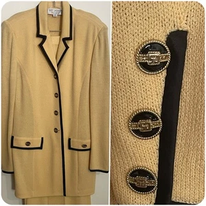 St John Collection Marie Gray Pantsuit Sz 8Cream black Trim Knit - Picture 1 of 13