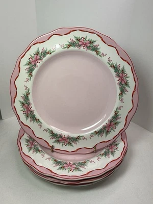 4 Pinkmas Dinner Plates Pink Bows Christmas Ribbon Garland Porcelain Cottage - Image 1 of 4