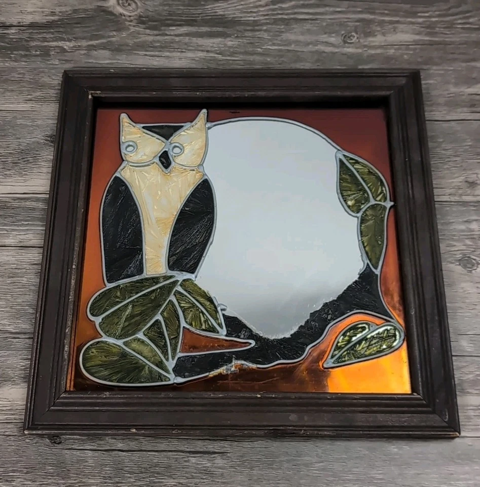 VTG Stained Glass Look Owl Art Mirror Oak Frame 14.5”x 14.25” Rare See Photos  - Image 1 of 4