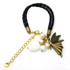 Brazalete de cuero trenzado de latón deslizante con cuarzo lechoso y perlas en pulsera de cuero trenzado - Imagen 1 de 3