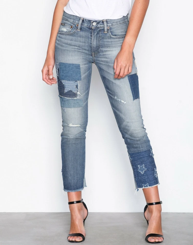 Polo Ralph Lauren Waverly Straight Blue Crop Jeans Stars Patchwork Cotton 28