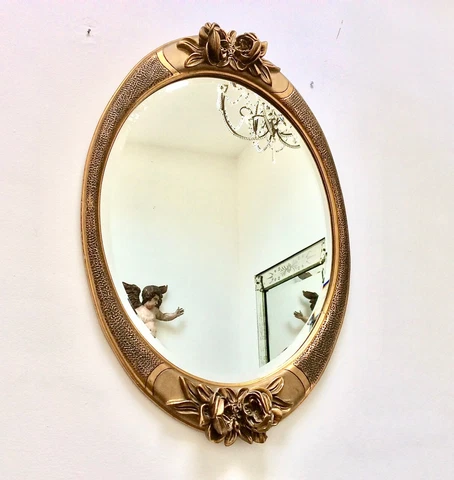 Antique French Art Deco Gilded Frame Mirror Ornate Oval Roses Decor Bevelled Cover