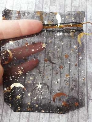 POCKETCRAFT Black Organza Bags x10 9 x 12cm Star and Moon Drawstring Gifts Halloween Favours