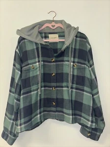 Lucky Brand Cropped Plaid Hoodie Womens Size Medium Green Blue White Boho Hippie - Picture 1 of 5