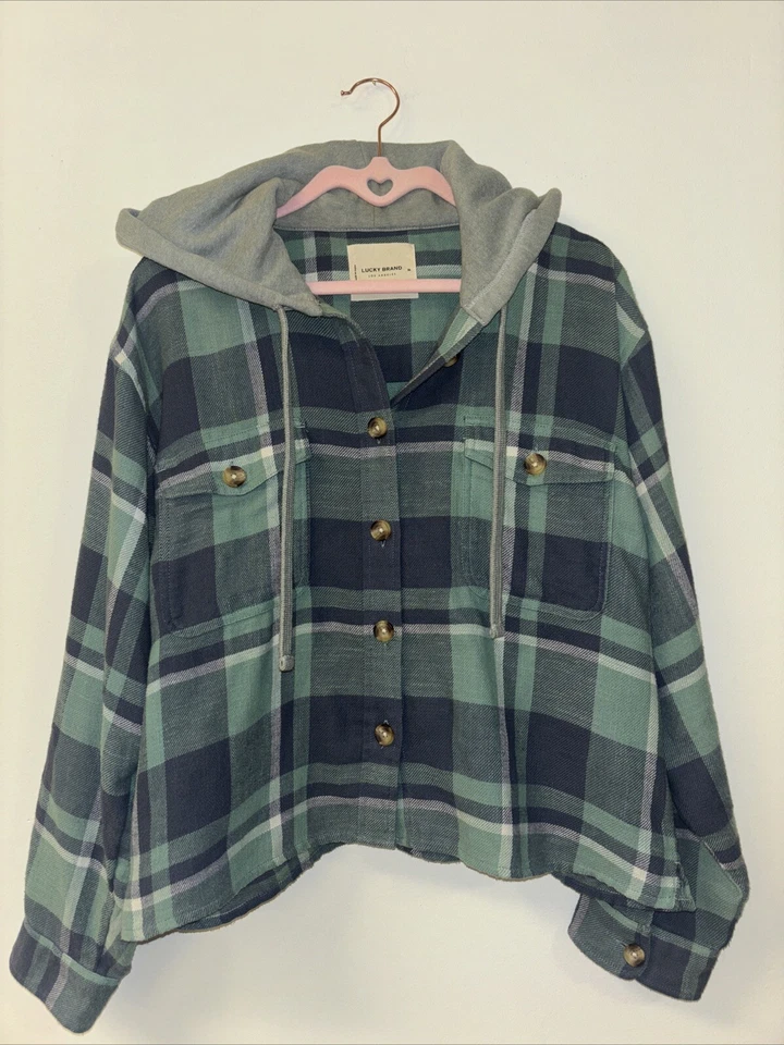 Sudadera con capucha recortada a cuadros Lucky Brand para mujer talla mediana verde azul blanco boho hippie Foto 1 de 4