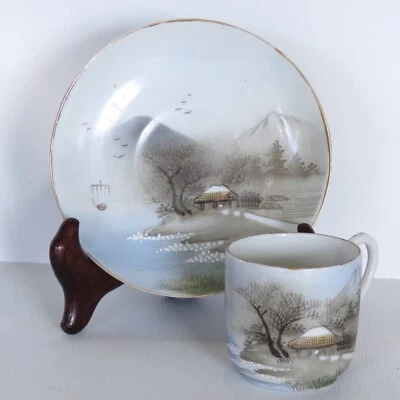 Antique Japanese Eggshell Porcelain Tea Set Antique Kutani Ware Tea Cup Saucer - Image 1 of 4