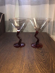 RED  Zig Zag STEM COCKTAIL Barware 5" Tall Set OF 2 Handmade Liquor Aperitif - Picture 1 of 9