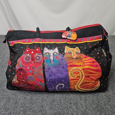 Vtg Laurel Burch Cats Weekender Bag Beaded Art Tote Travel Duffle Mystical Artsy - Image 1 of 4