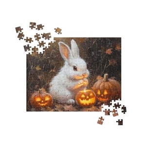 Halloween Bunny Puzzle White Rabbit with Pumpkins Spooky Cute Autumn Jigsaw - Picture 1 of 7