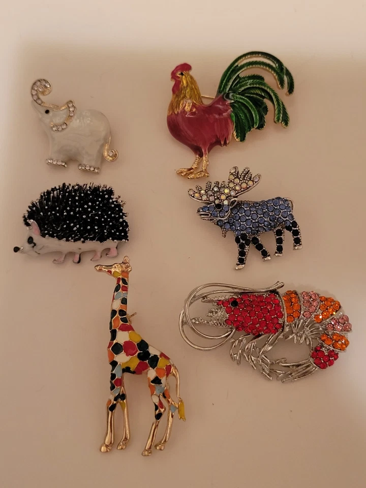 Lote de 6 broches de jirafa erizo elefante gallo langosta alce animal CA US E454 Foto 1 de 4