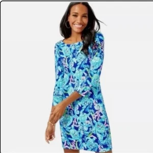 LILLY PULITZER Size L 3/4 Sleeves Sophie Dress in TURTLE VILLA Corsica Blue - Picture 1 of 5