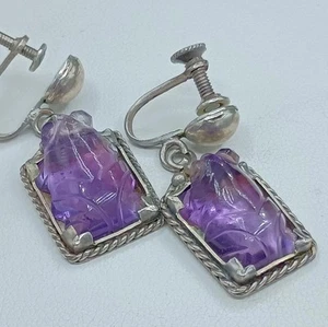 Orecchini Vintage Argento Sterling Pietra Preziosa Ametista Vite Viola Rane 8g - Foto 1 di 16