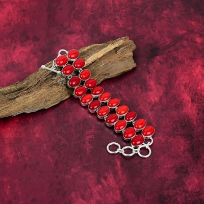 Brazalete de plata de ley 925 con piedras preciosas de coral rojo natural hecho a mano joyería regalo Foto 1 de 4