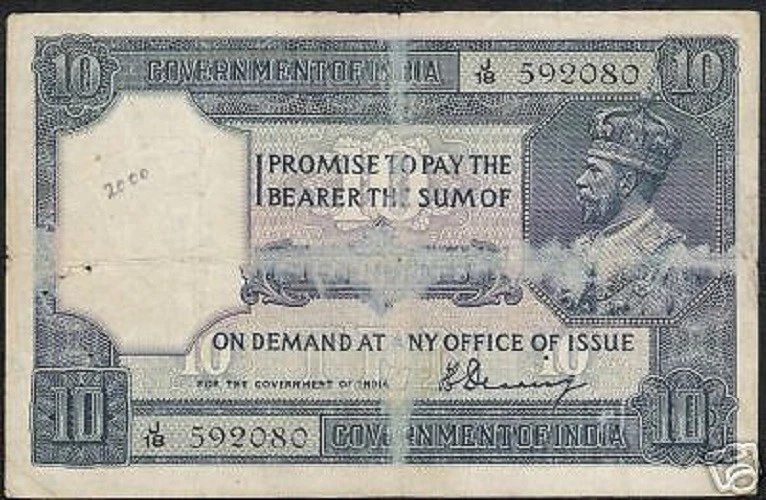 INDIA 10 RUPEES P-7 A 1917 KING GEORGE V DENNING RARE CURRENCY BILL INDIAN NOTE - Image 1 of 1